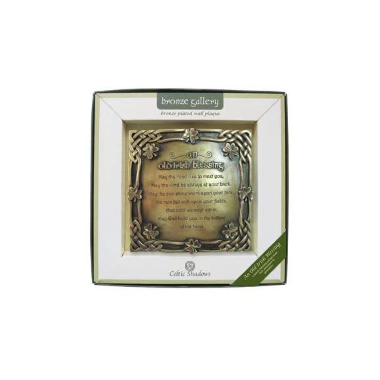 This attractive bronze plaque depicts what is probably the most popular and widely known of our traditional Irish blessings. The wording is surrounded by shamrocks, the symbol of Ireland, and the never ending interlacing of Celtic knotwork.