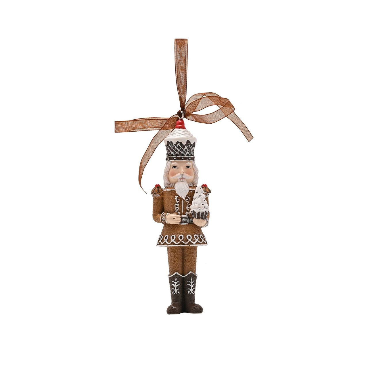 Bring festive cheer to your displays with the Santa & Friends Hanging Dark Gingerbread Nutcracker, a wonderfully detailed piece perfect for adding whimsy to any tree.