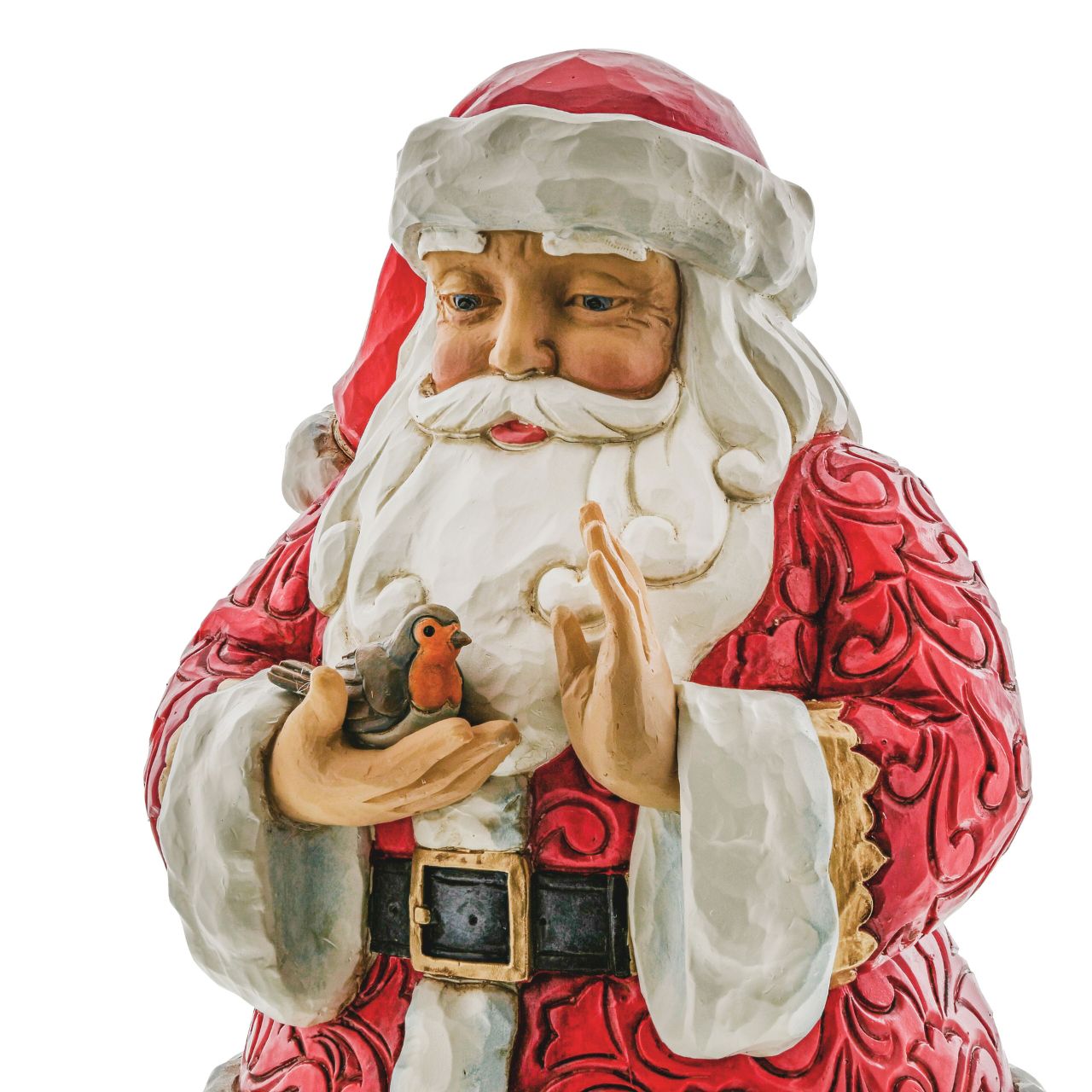 Santa with Robin in Hands Figurine by Jim Shore Wearing holly brimmed boots and rosemaled suit, this Santa statuette delicately holds a Robin in his hands. Widely revered, Robins are thought to represent loved ones lost. Celebrate the Christmas in remembrance and love with Jim Shore. Exclusively available in UK and Europe.