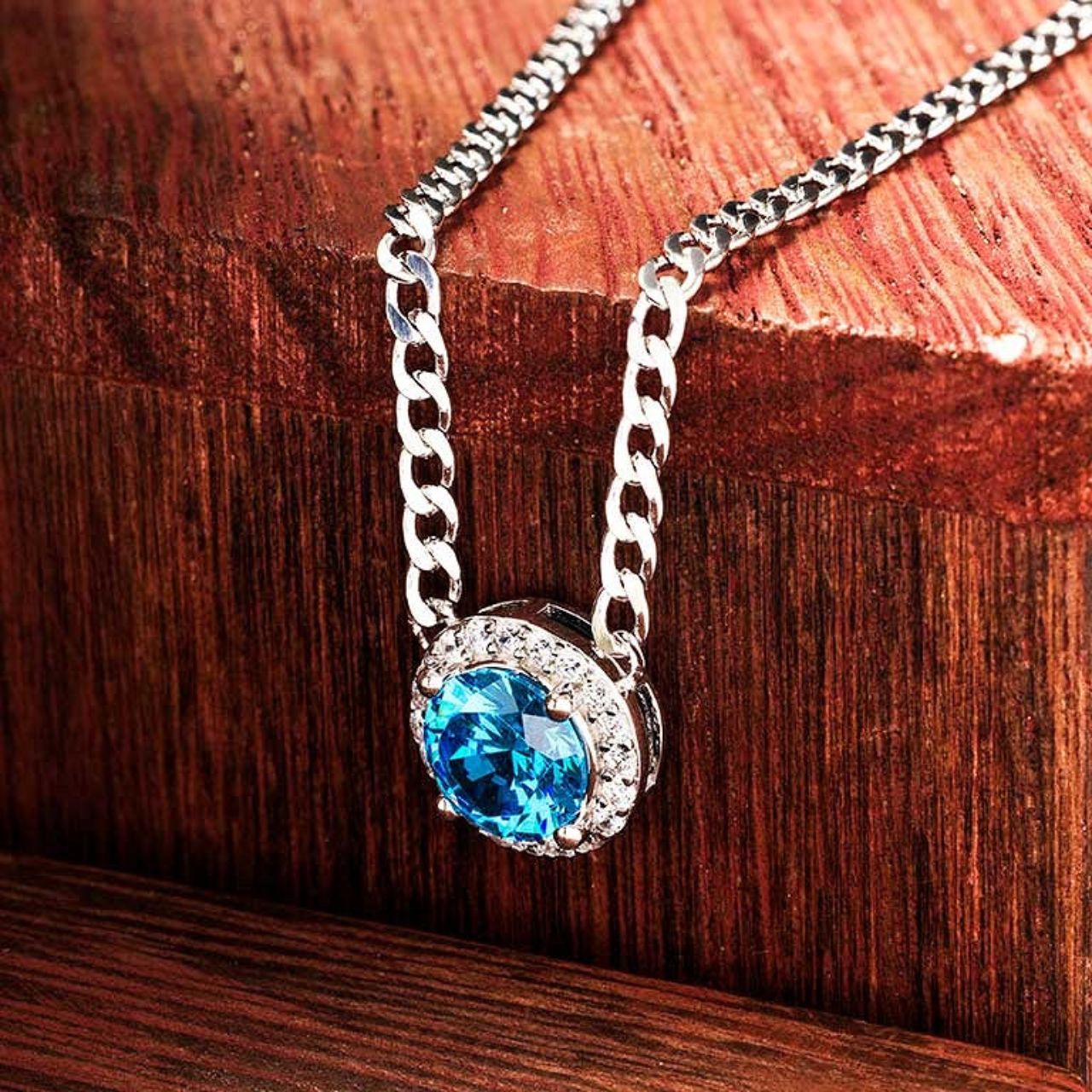 Sterling Silver Aquamarine CZ Halo Necklace by ShanOre