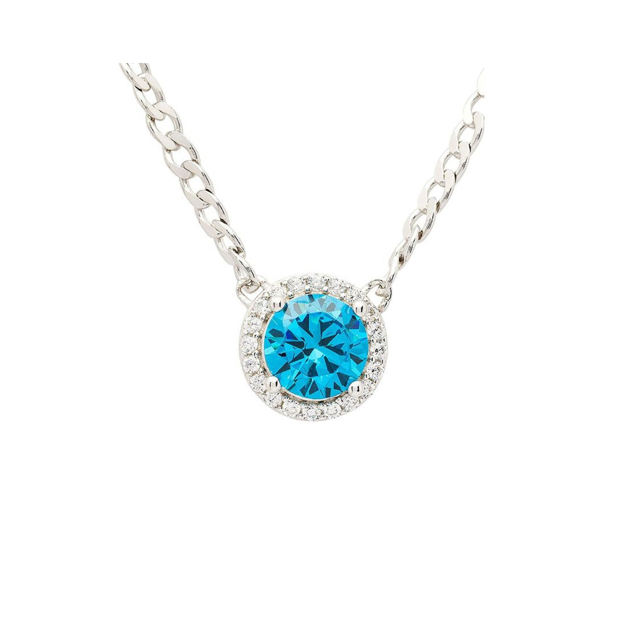 Sterling Silver Aquamarine CZ Halo Necklace by ShanOre