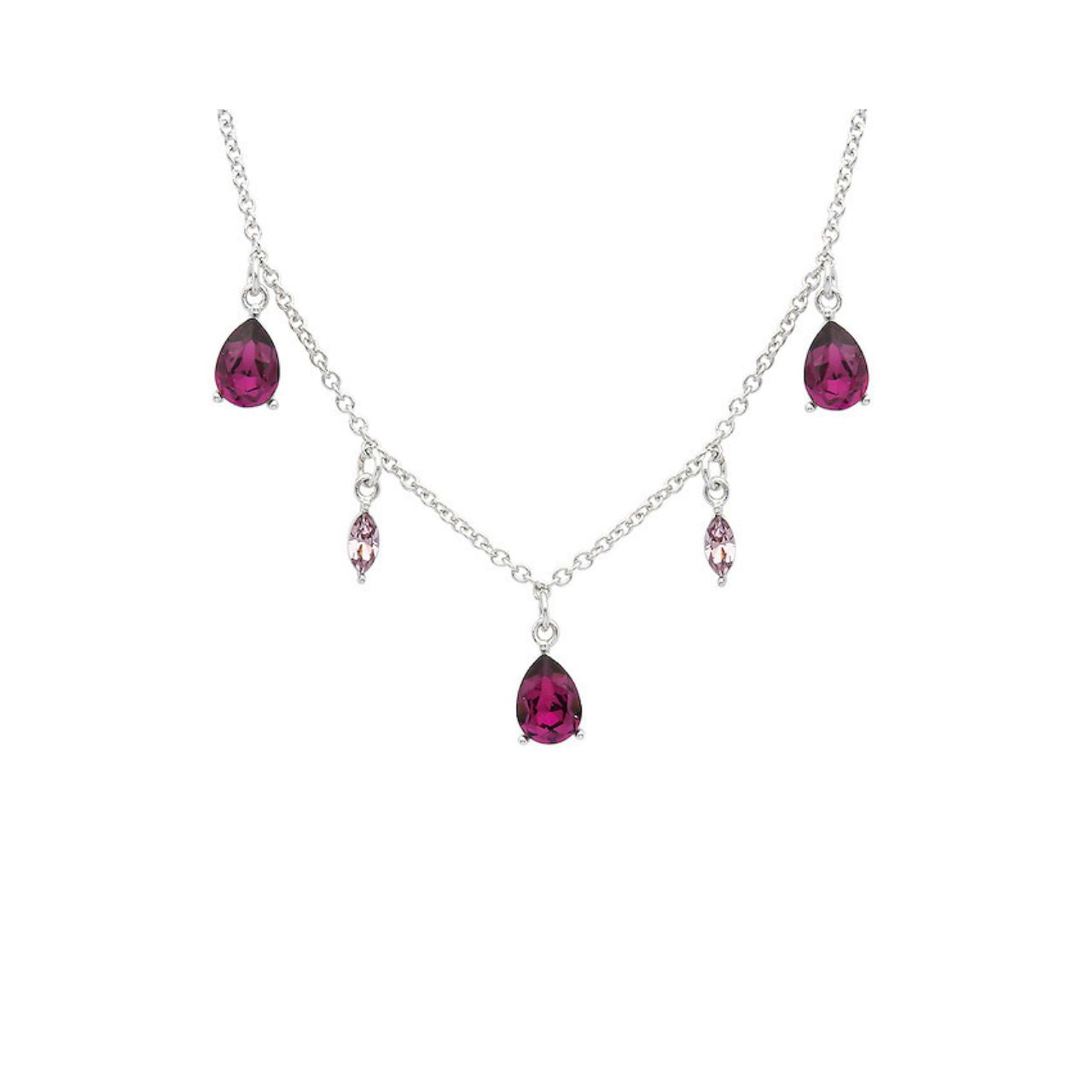 The Red Regina Drops Necklace is a glamorous piece of jewellery to give you a regal look on special occasions. Crafted in sterling silver and embellished with ruby red Swarovski crystals