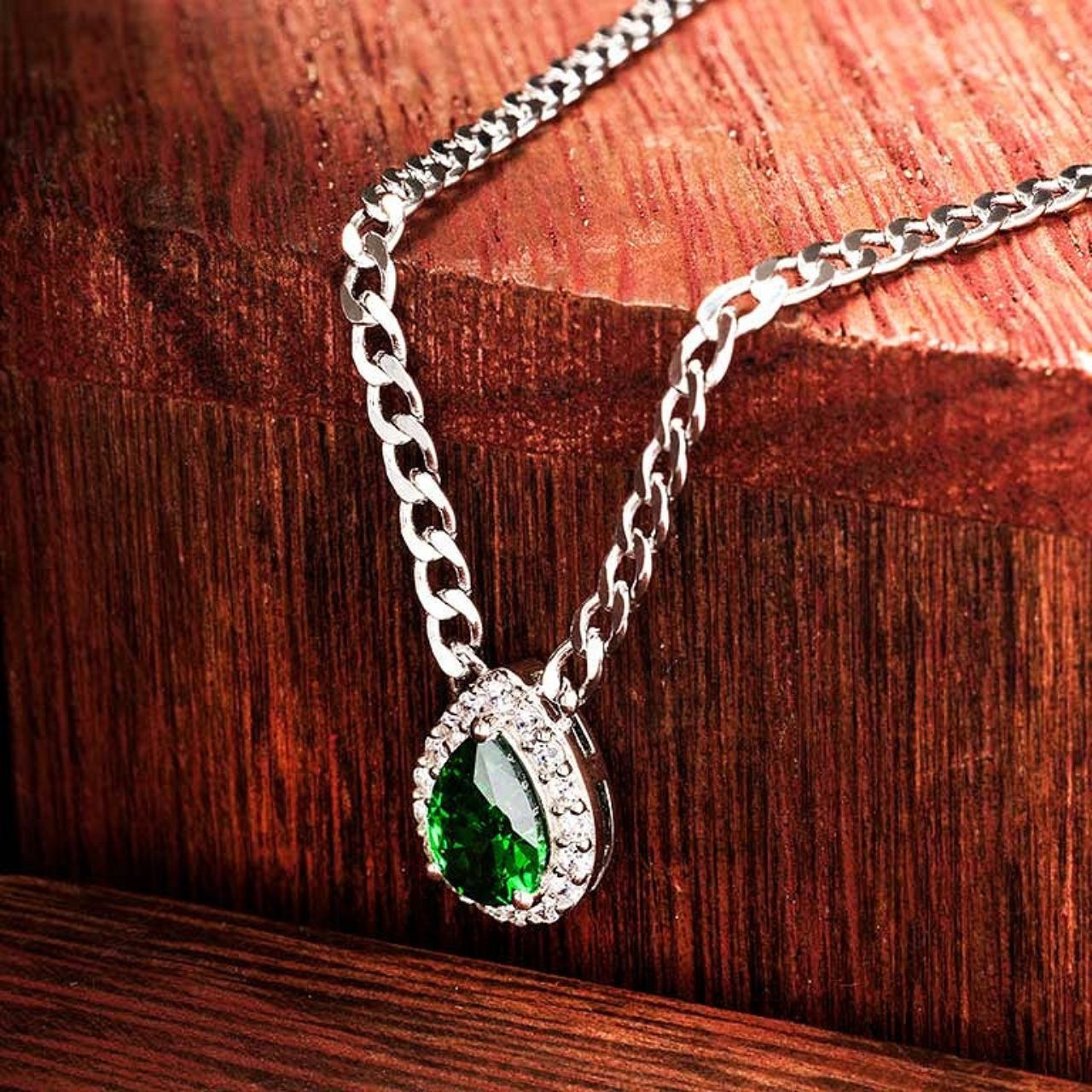 Silver Emerald CZ Halo Necklace by ShanOre