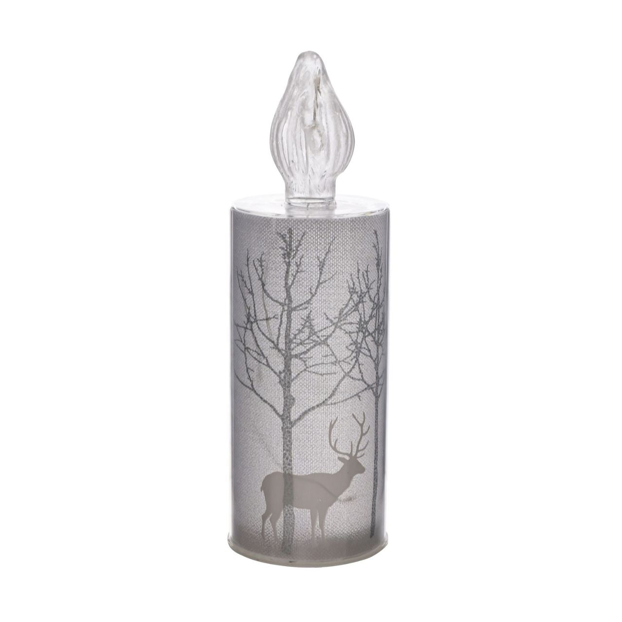 Christmas Silver Forest Scene Medium LED Glass Candle Light A medium silver forest scene LED candle-shaped light by THE SEASONAL GIFT CO. This glistening light will help to create a magical Winter Wonderland at home this festive period.
