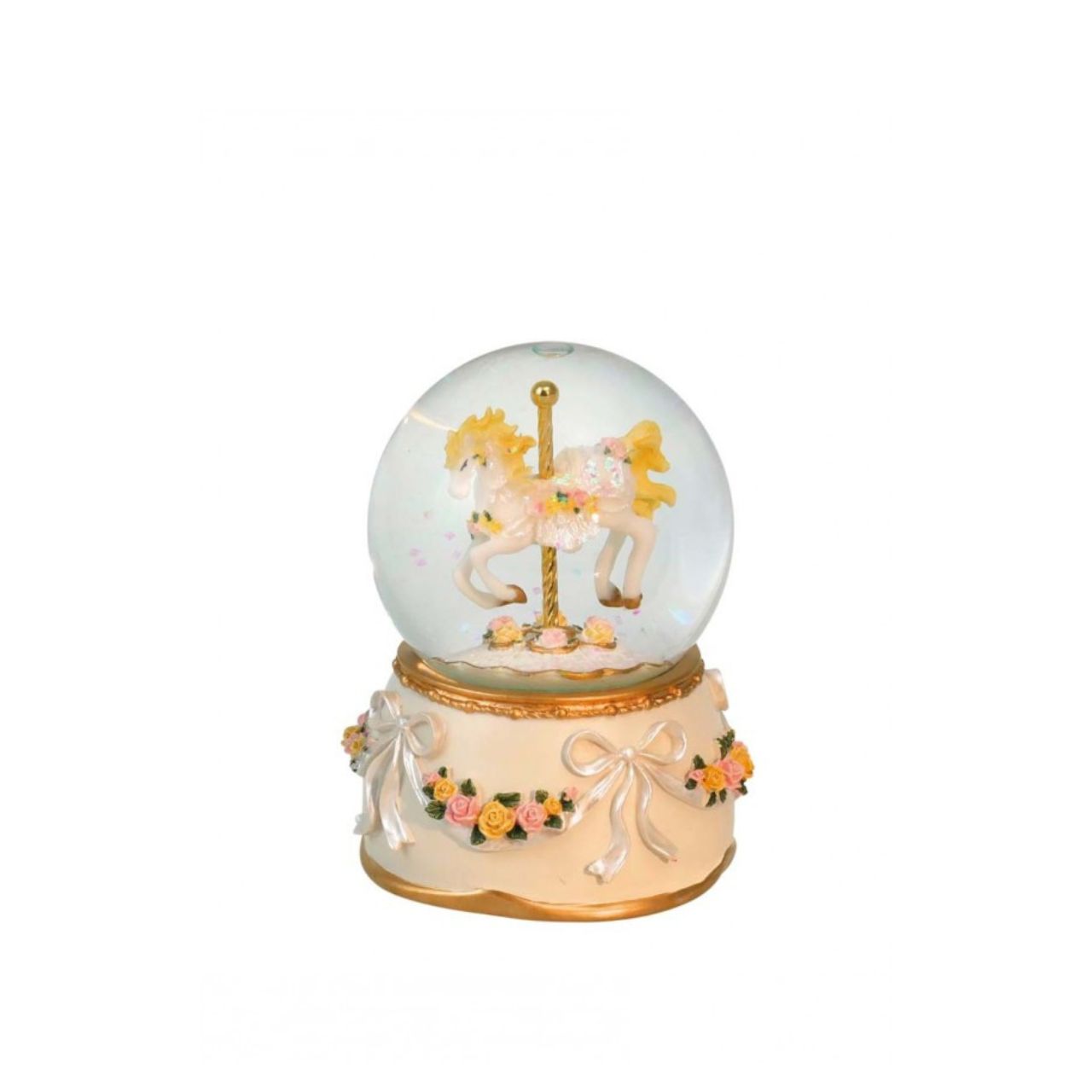 Glitter globe. The crème coloured base is decorated with pretty bows and flowers. In the globe stands a blond-maned horse.
