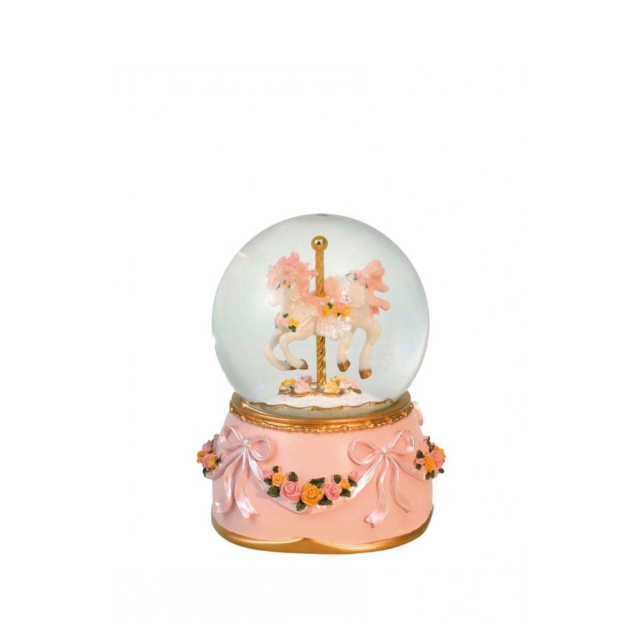 Glitter globe. The rose-coloured base is decorated with pretty bows and flowers. In the globe stands a rose-maned horse. The scene in the globe rotates to the melody “A little Night music”.