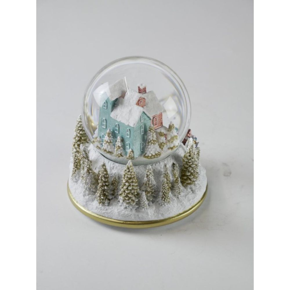 This elegant white and gold countryside snow globe gently fills the air with a classic Christmas melody.
