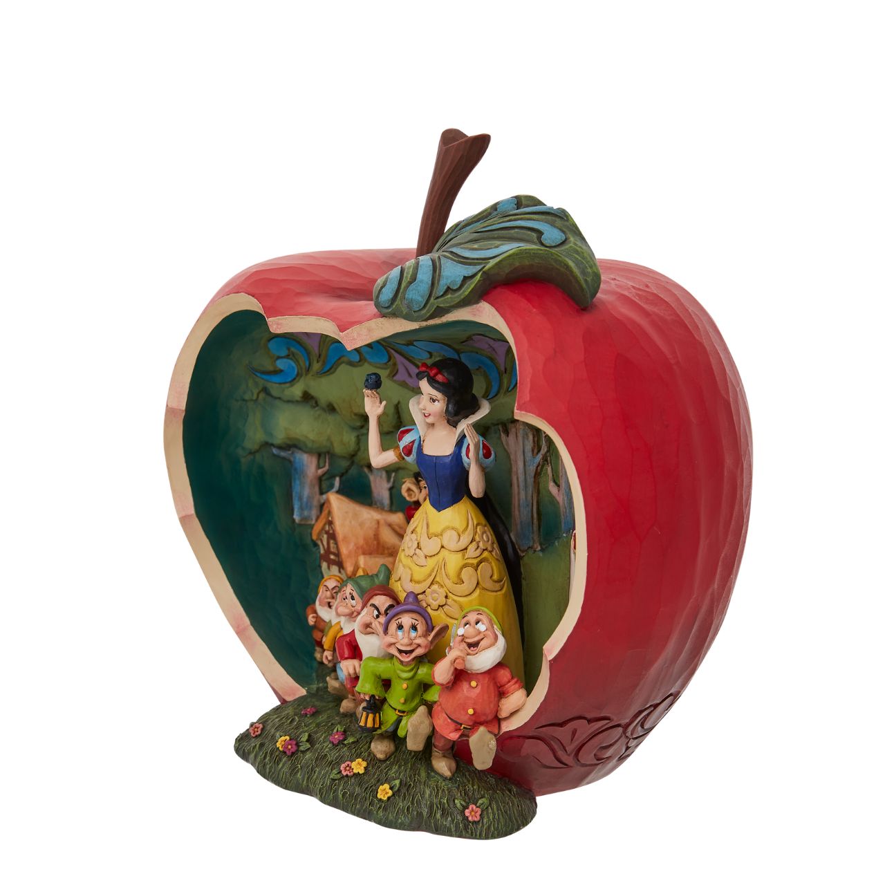 Framed within a halved apple, this bewitching forest scene gathers all the characters of the 1937 Disney classic, Snow White. Snow White smiles alongside the seven dwarfs unaware of the dangers surrounding her while the Evil Queen plots with poison in this spectacular masterpiece.