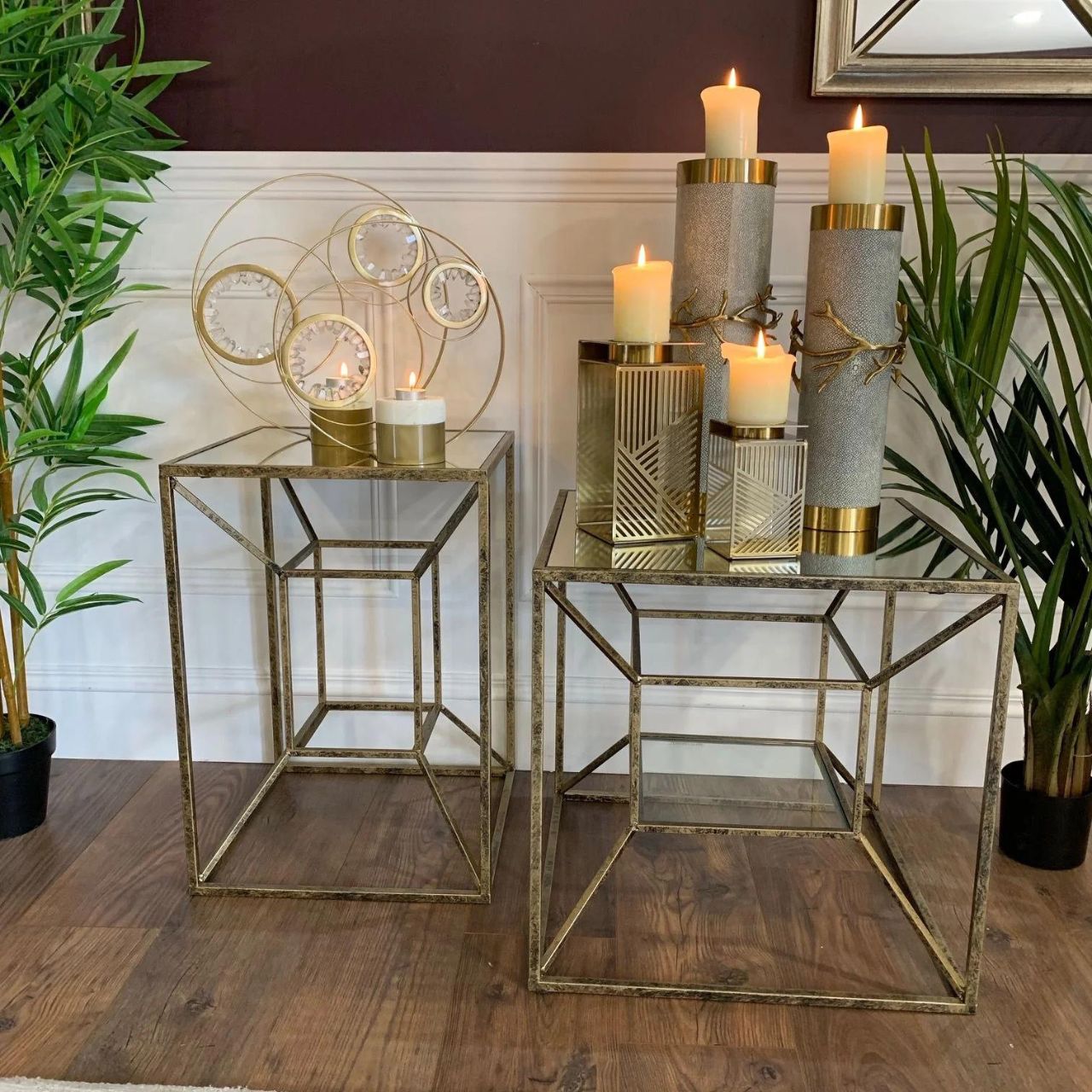 Mindy Brownes Interiors Solomon Side Table Solomon Side Table Gold and black framed side table with mirrored top and glass bottom shelf.