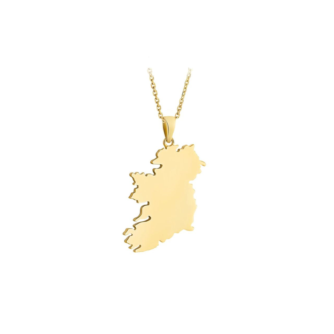 Crafted in 18K goldplated, this large Map of Ireland necklace makes a striking statement of heritage and connection. Showcasing the island's iconic silhouette in rich detail, this meaningful piece celebrates the place, people, and traditions that shape who we are.