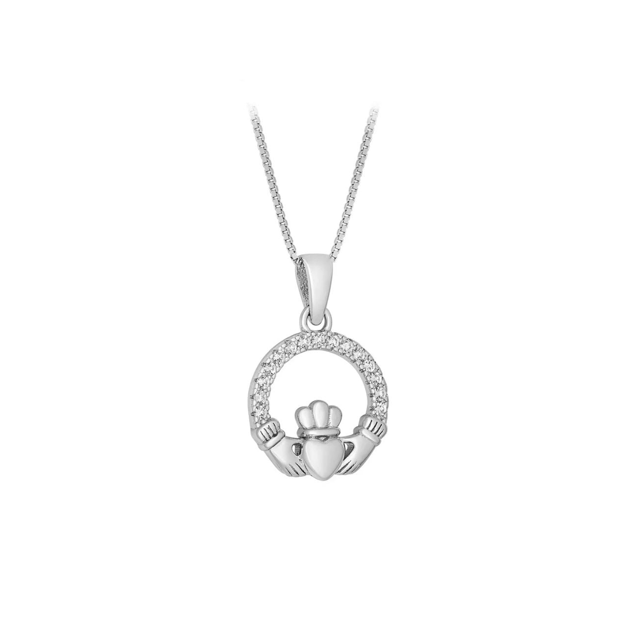This sterling silver Irish necklace showcases the traditional Claddagh with its heart, crown, and hands accented by cubic zirconia. The Claddagh is a symbol of love, loyalty, and friendship, making this necklace a meaningful piece to add to your jewellery collection.