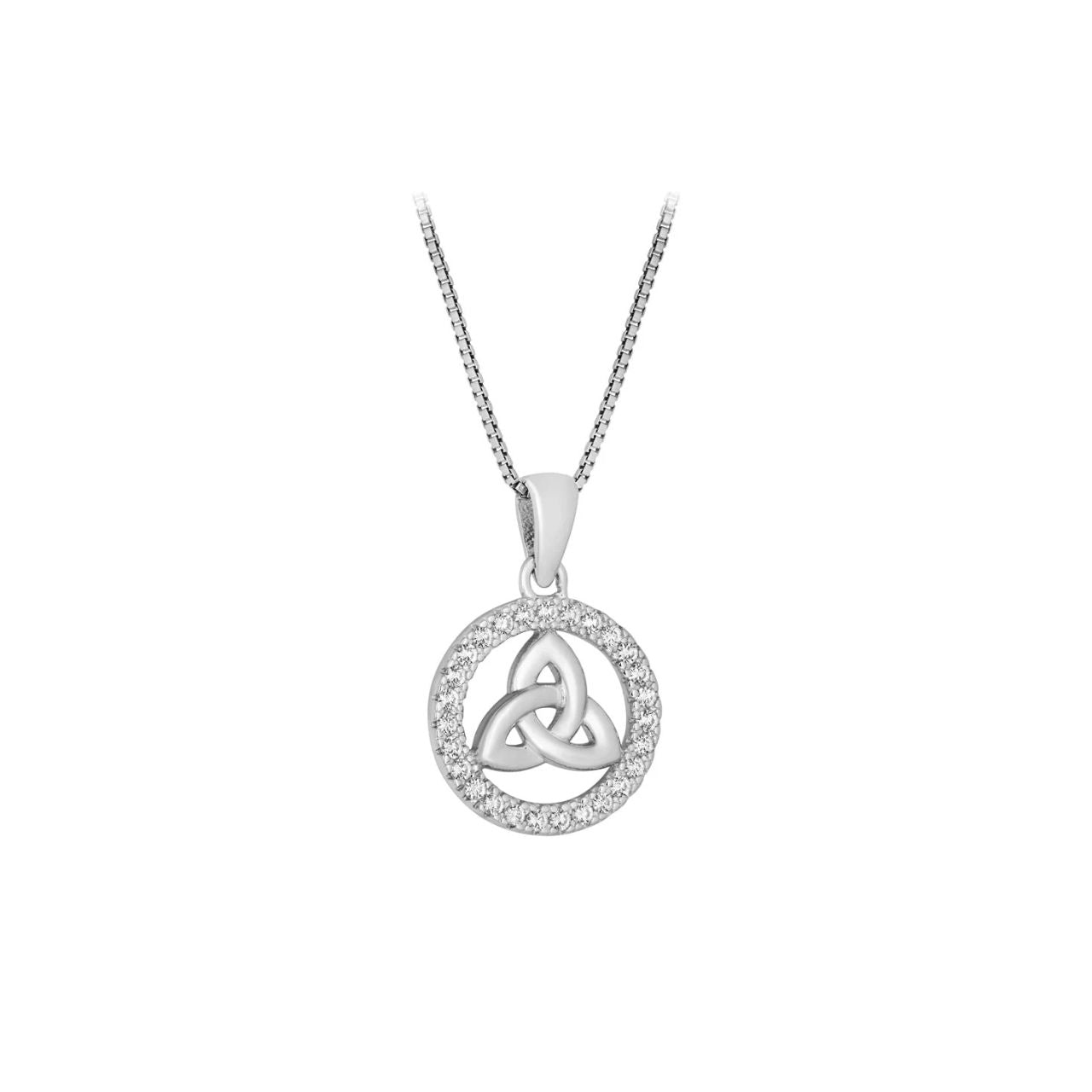 Crafted in sterling silver, this Celtic pendant features a shimmering circle of cubic zirconia framing the meaningful Trinity Knot. The Trinity Knot symbolises eternity and never-ending love, while the sparkling stones bring a touch of Irish sparkle.