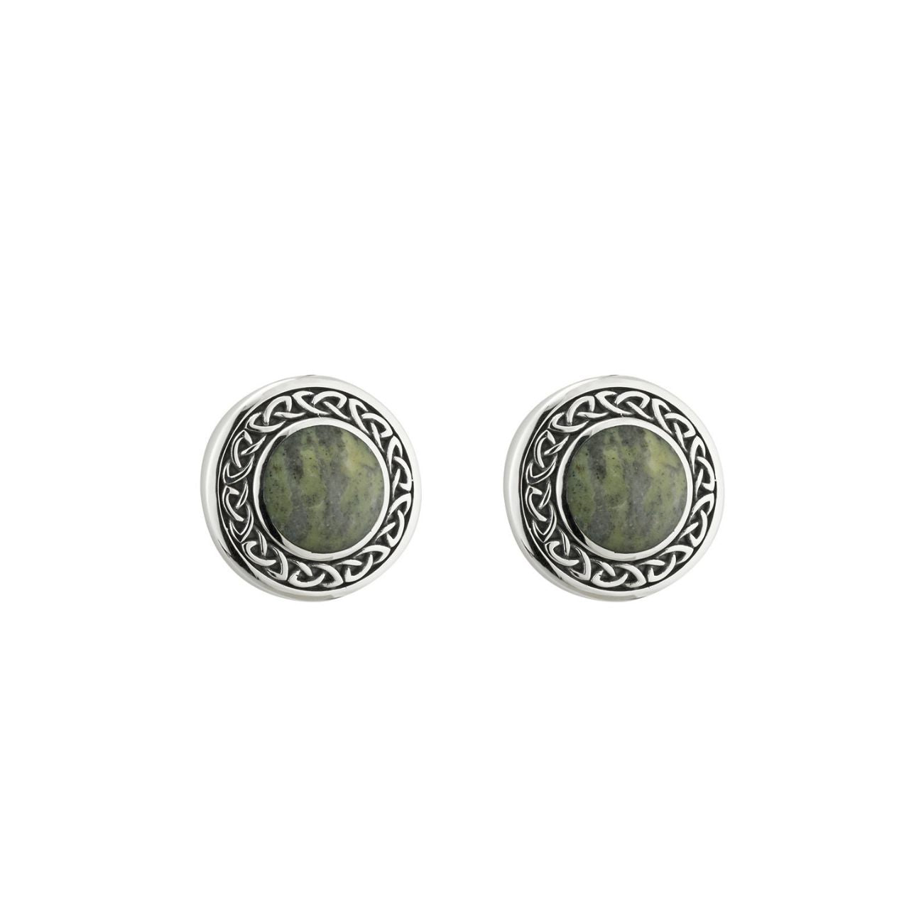 Sterling Silver Connemara Marble Round Celtic Stud Earrings These striking sterling silver stud earrings are made from Connemara marble, a unique stone that dates back over 900 million years and is known as “Ireland’s gemstone”.