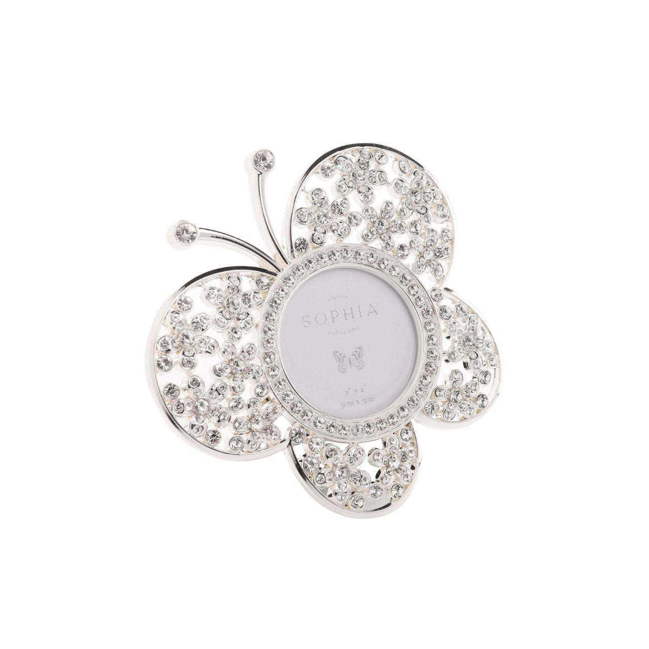 Behold the Sophia Classic Butterfly Frame, a dazzling tribute to nature's beauty. This silver-toned butterfly-shaped frame, adorned with an array of sparkling crystals, promises to be a focal point in any room against a crisp white background.
