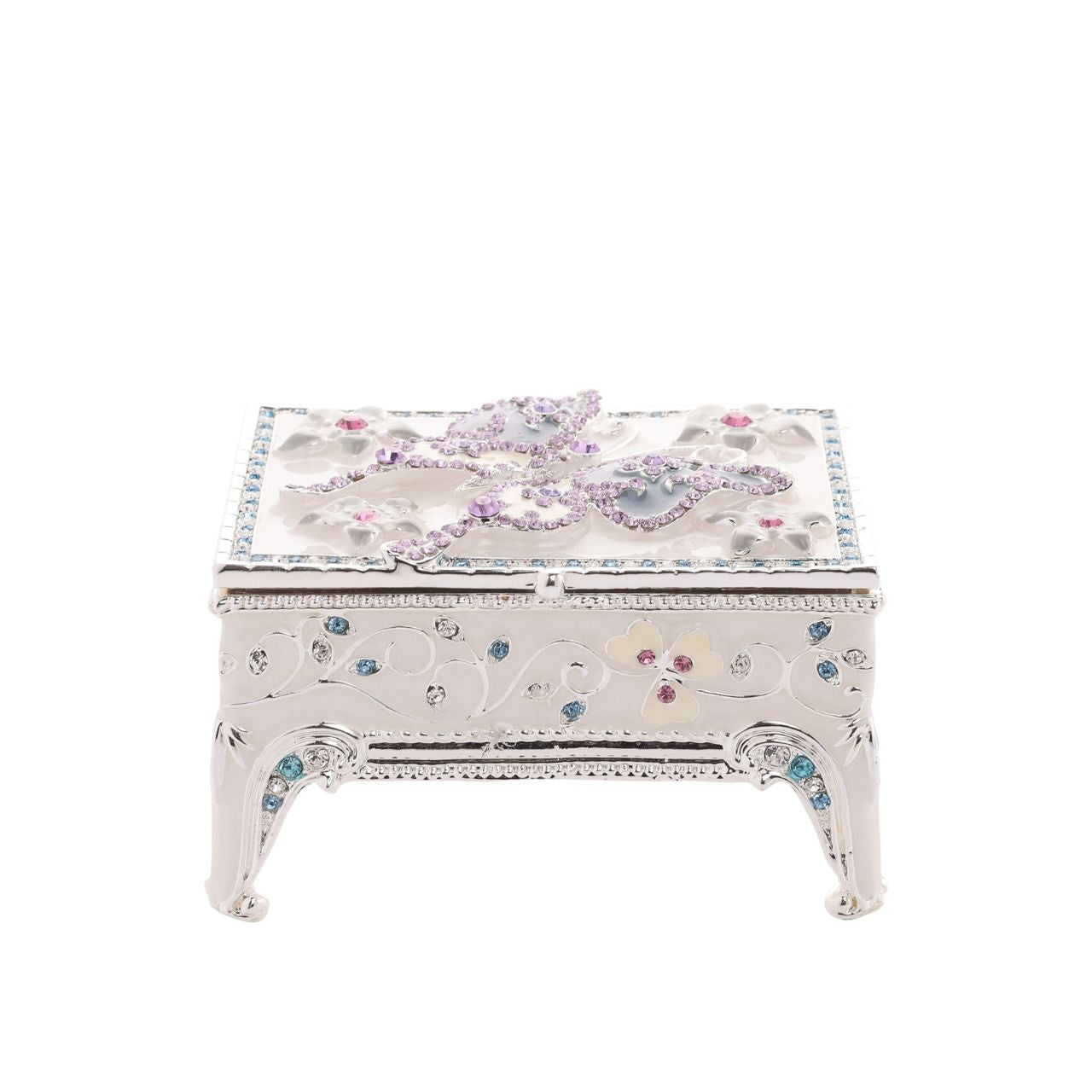 Delight in the intricate artistry of our Sophia Classic Enamel Butterfly Trinket Box. This decorative jewellery box boasts a vibrant floral design, adorned with multi-coloured gemstones and crystals on a reflective surface.