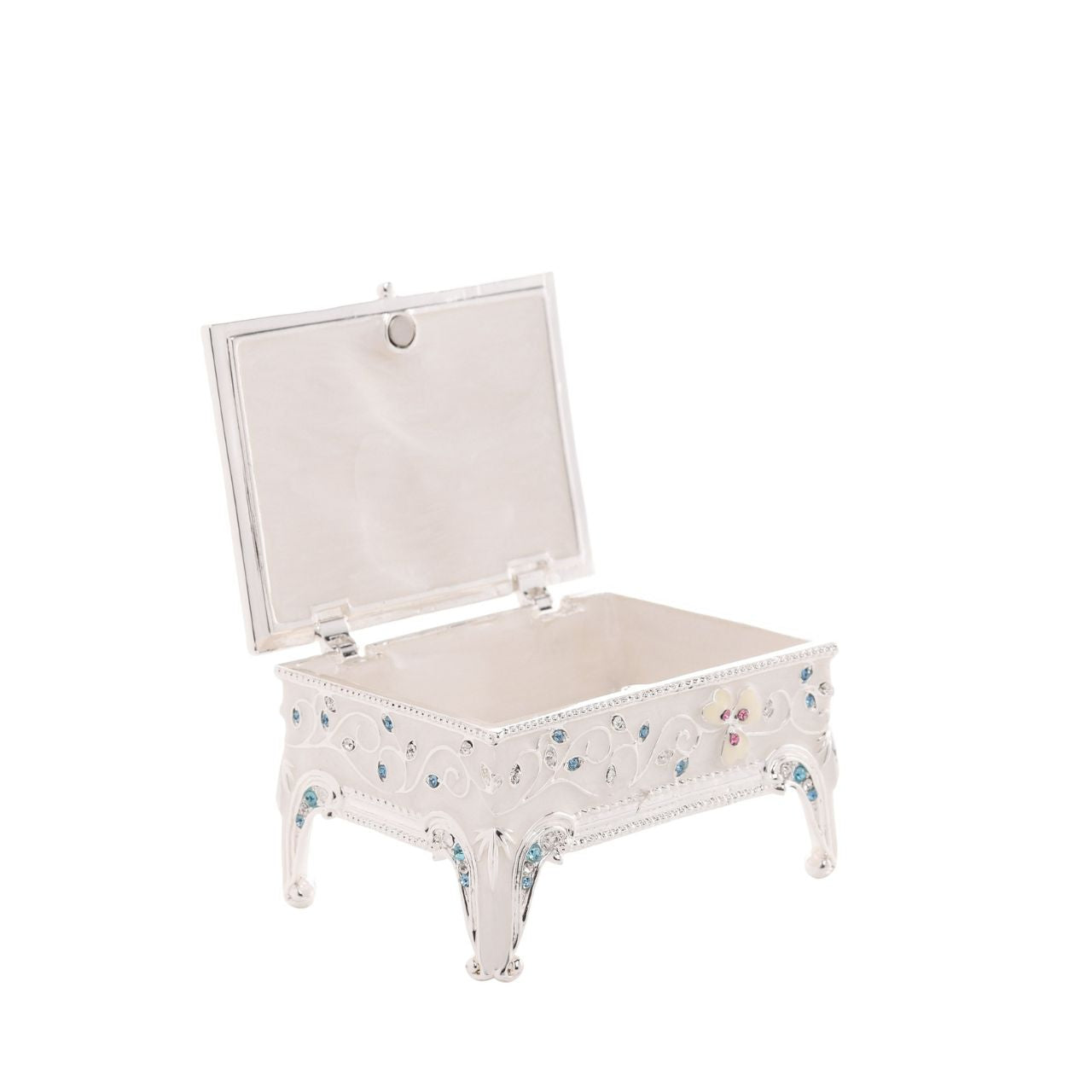 Delight in the intricate artistry of our Sophia Classic Enamel Butterfly Trinket Box. This decorative jewellery box boasts a vibrant floral design, adorned with multi-coloured gemstones and crystals on a reflective surface.