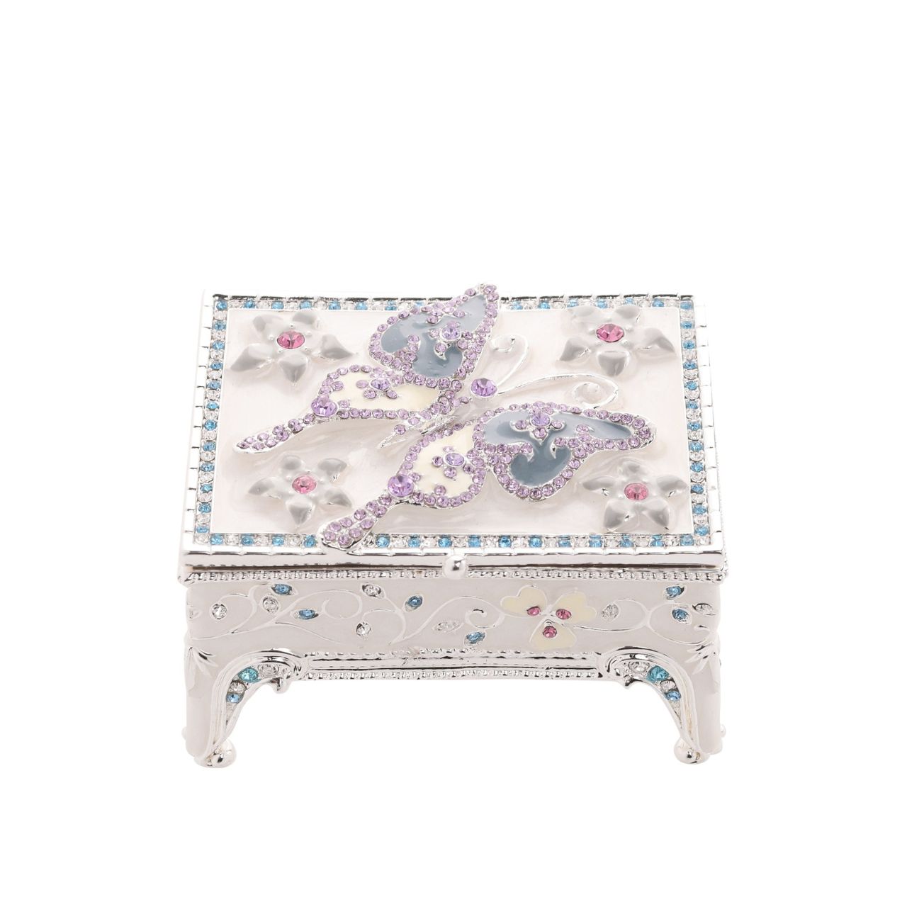 Delight in the intricate artistry of our Sophia Classic Enamel Butterfly Trinket Box. This decorative jewellery box boasts a vibrant floral design, adorned with multi-coloured gemstones and crystals on a reflective surface.