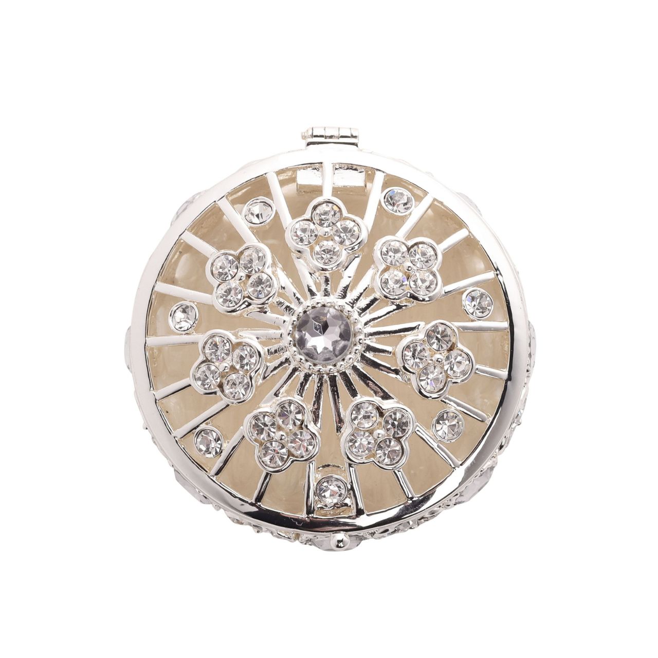 Introducing the Sophia Classic Open Work Trinket Box, a round and ornate piece that effortlessly captures elegance and charm. Dotted with twinkling crystals or diamonds, its intricate floral design sets the stage for a captivating display, making it the perfect keepsake or gift.