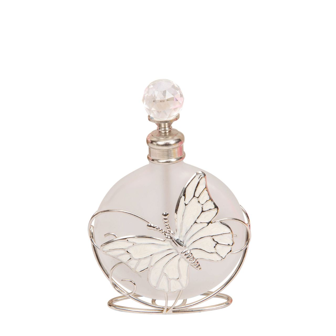 Perfume Bottle Glass & Wire with Butterfly An elegant frosted glass perfume bottle with an intricate handmade wire butterfly design and cut crystal stopper. From SOPHIA - the home of style & sophistication in women's giftware.