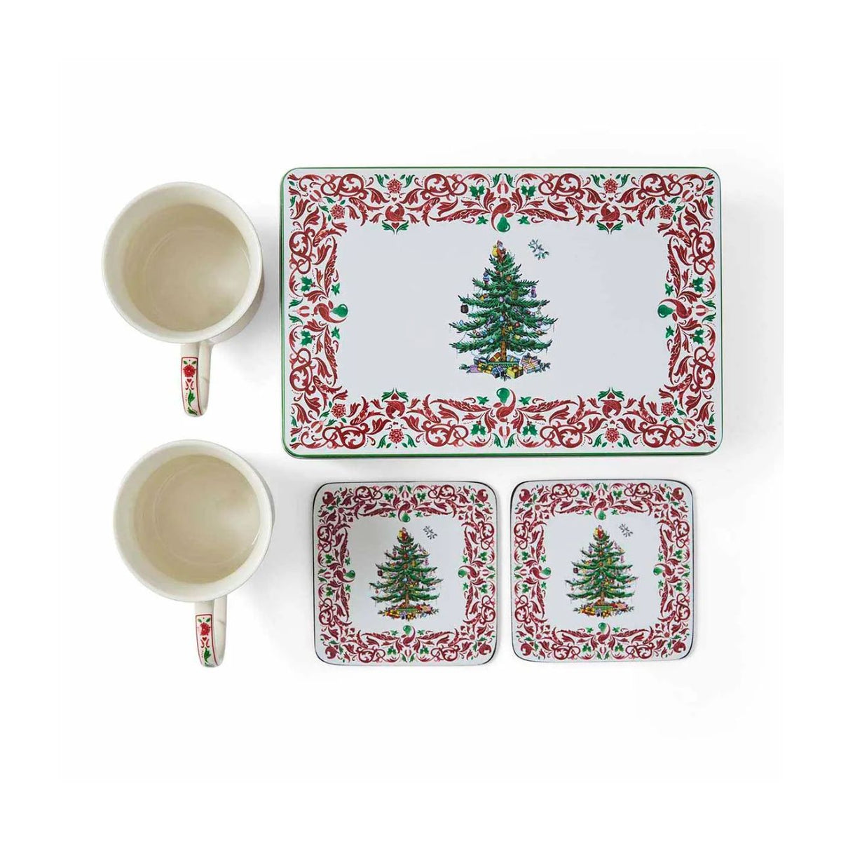 The Spode Christmas Tree Annual 2026 5pc Mug & Tin Set pairs festive charm with practical gifting appeal. Featuring two 12fl.oz mugs with a red and green scroll border and matching cork-backed coasters, the coordinating tin they are packaged in makes a beautifully presented collectors' gift.
