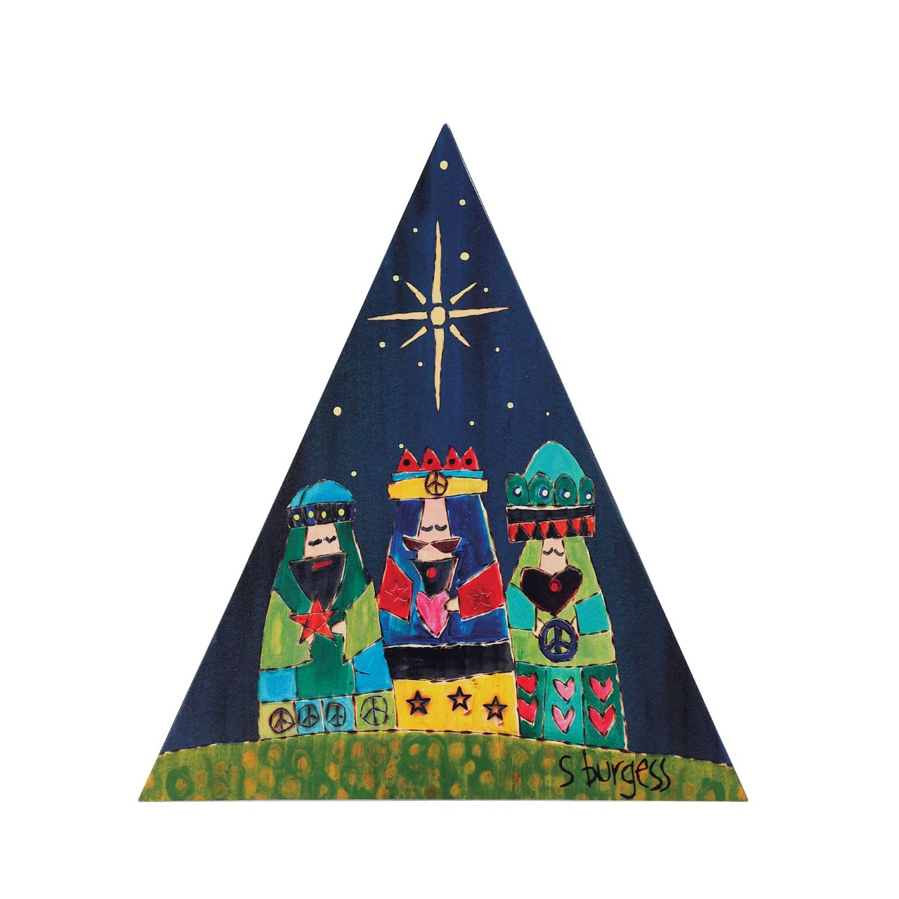 Stephanie Burgess Nativity Triangle Table Décor Painted Peace. Designed by Stephanie Burgess, each colourful piece in the collection has been designed to create feelings of peace and love in your home. This Nativity Triangle Table Décor is made from metal and is the perfect accessory for your home. The perfect gift for loved ones.