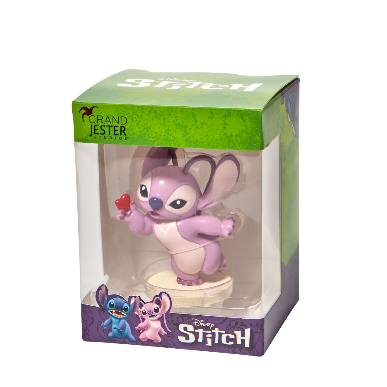 Stitch Angel with Heart Mini Figurine This super cute Angel mini figurine is holding a little red heart just for you. Angel is the girlfriend of Stitch and is sweet and loving. This is the perfect addition to any Stitch or Disney collection. Made from high quality vinyl.