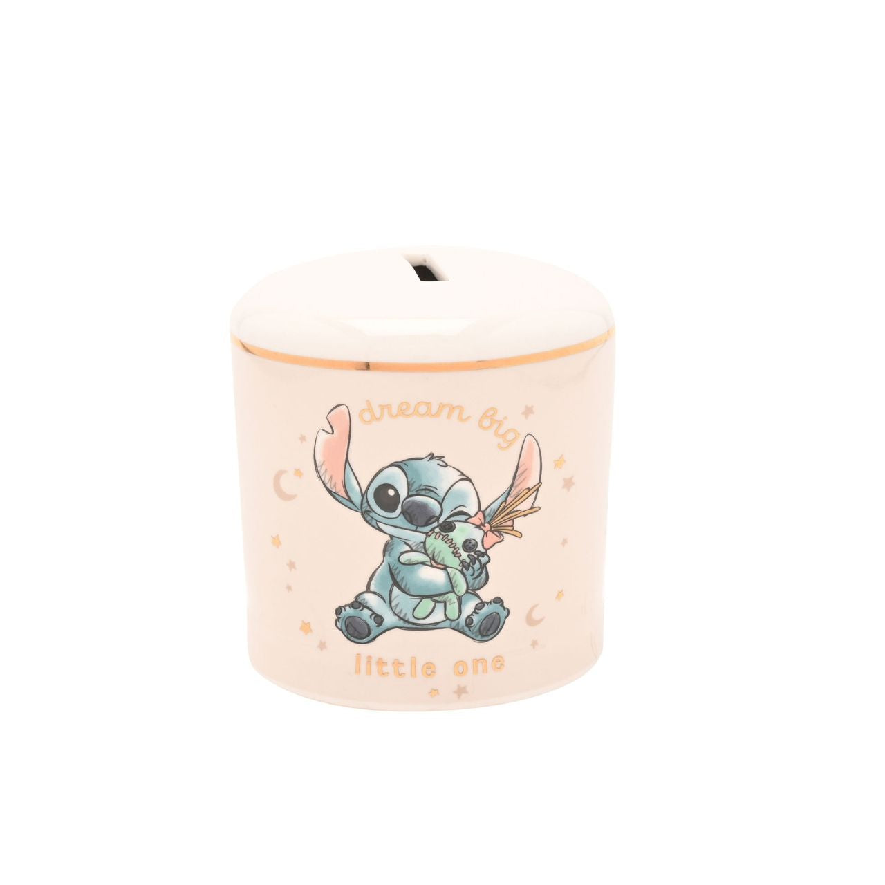 Ceramic piggy bank with cartoon character on a white background