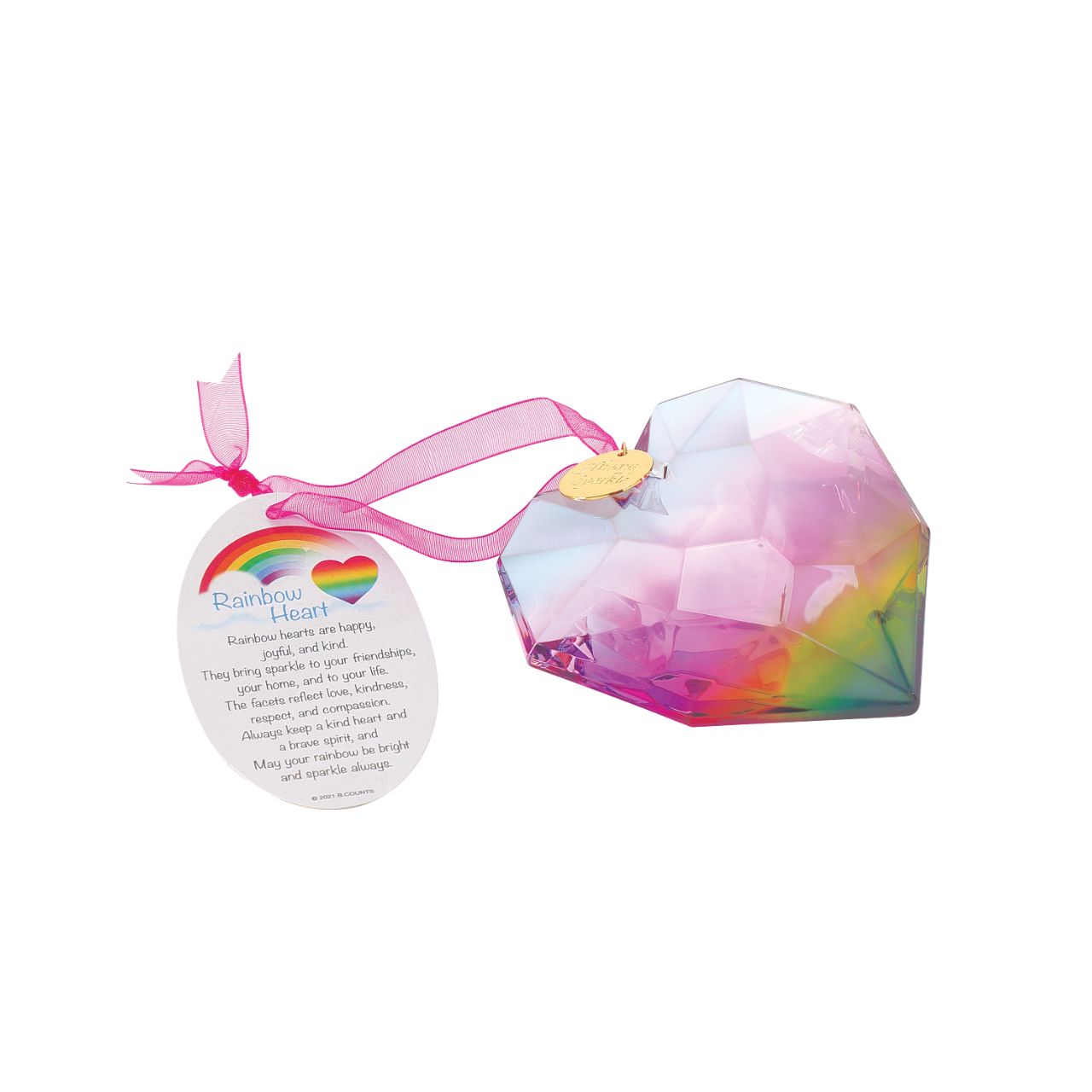 Suncatcher Rainbow Acrylic Heart Hanging Ornament Pink  The rainbow acrylic heart comes in two multi-coloured versions. Each are hung on a coloured organza ribbon and feature a golden sentiment token. A poem also accompanies each heart.
