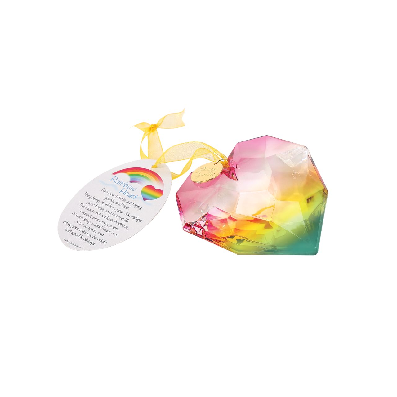Suncatcher Rainbow Acrylic Heart Hanging Ornament  The rainbow acrylic heart comes in two multi-coloured versions. Each are hung on a coloured organza ribbon and feature a golden sentiment token. A poem also accompanies each heart. Designs are assorted.