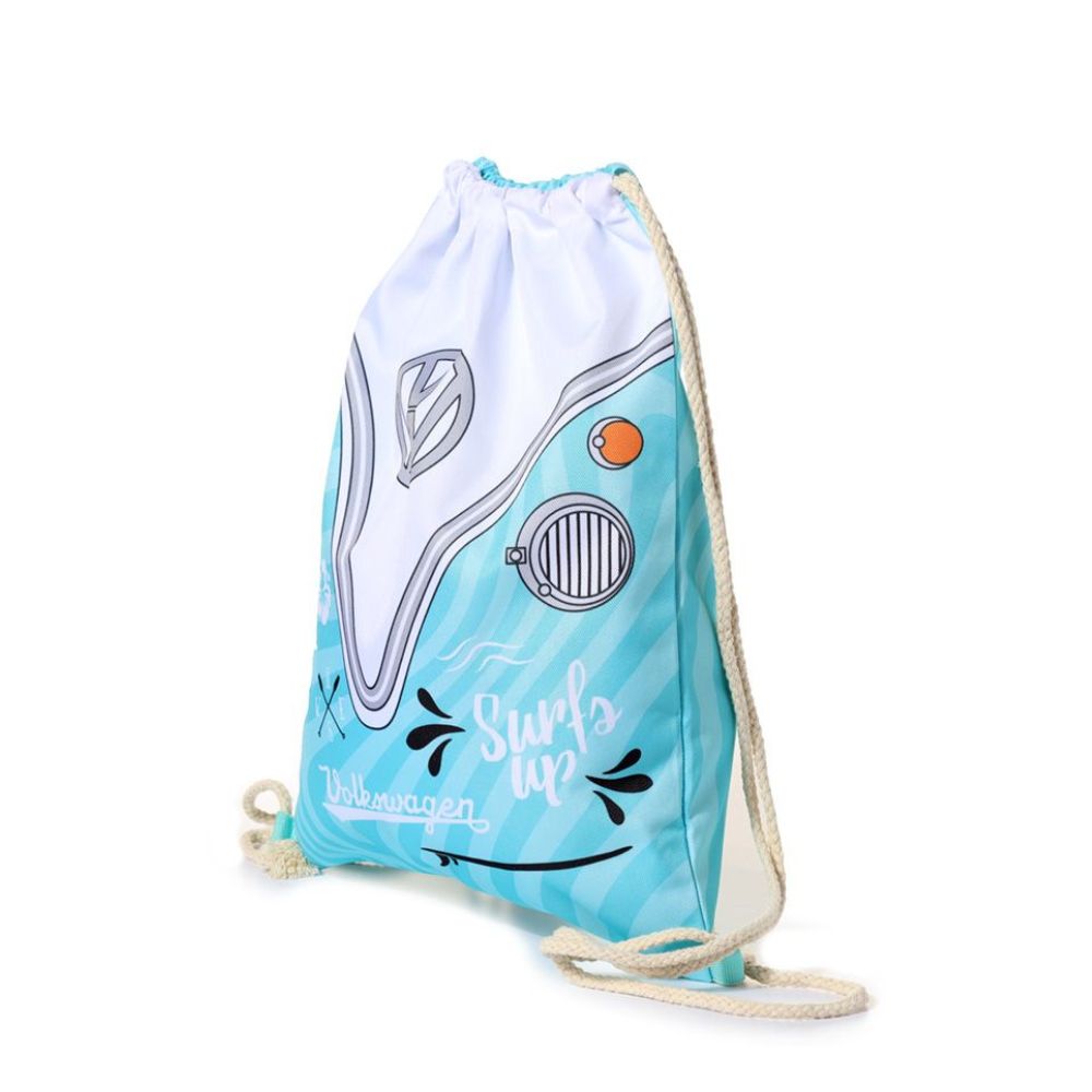 Volkswagen VW T1 Camper Bus Surf Adventure Drawstring Bag The Volkswagen VW T1 Camper Bus Summer Surf Drawstring Bag is ideal for any fan of the classic VW camper. Made of sturdy polyester for lasting use, the design features a vivid sleeping Camper Bus against a bright blue, perfect for bringing summer love wherever you go.