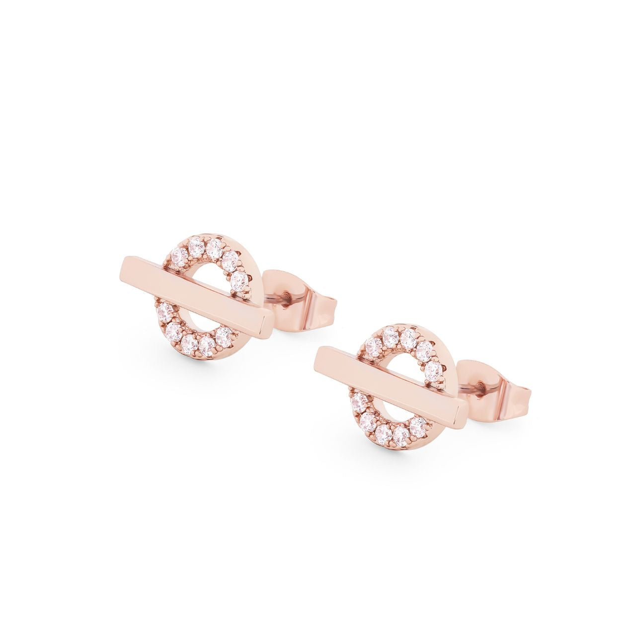 T-Bar Stud Earrings Rose Gold Circle CZ by Tipperary These stylish T-Bar stud earrings are made of rose gold and feature a Circle CZ for a fashionable, eye-catching look. The luxury craftsmanship of Tipperary's jewellery makes these earrings strong and durable for everyday wear.