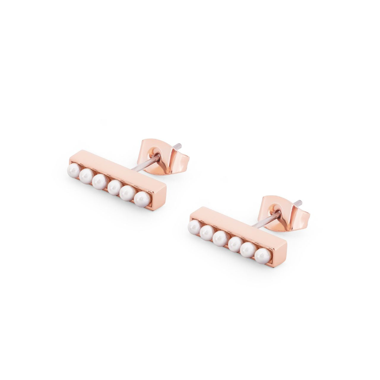T-Bar Stud Earrings Rose Gold Set With Pearls by Tipperary Tipperary's T-Bar Stud Earrings are a timeless design made with the finest rose gold and set with lustrous pearls. Their classic elegance will add sophistication to any wardrobe.