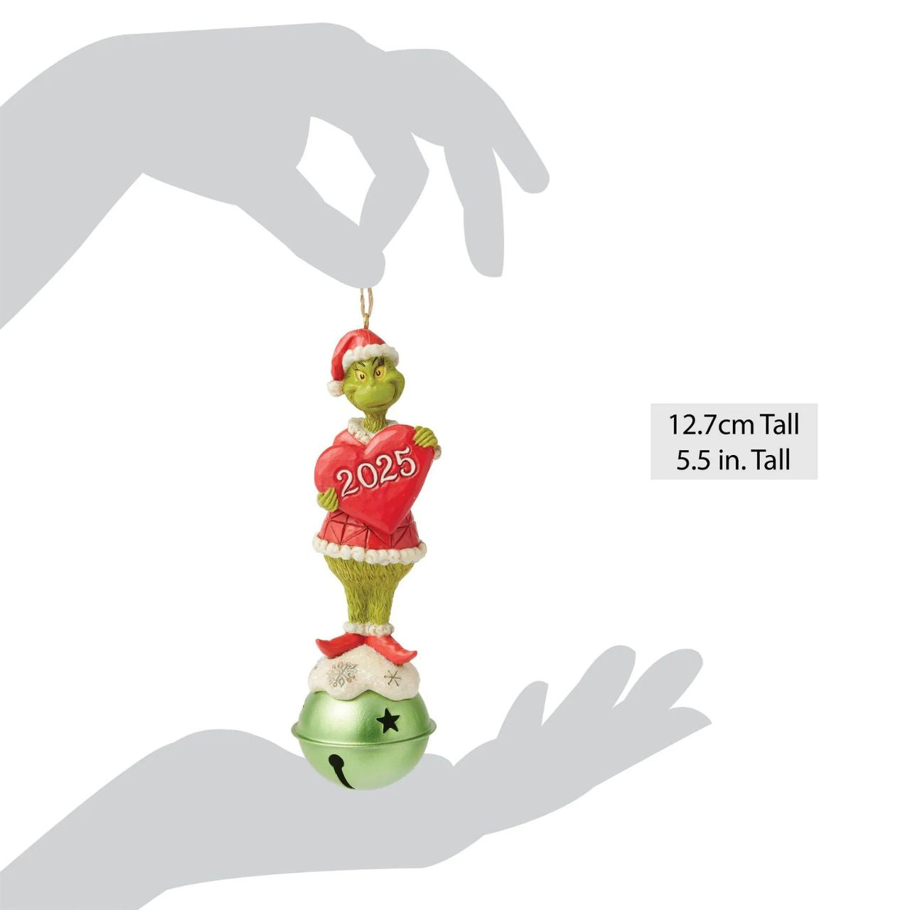Perched atop a gleaming jingle bell, the Grinch grins in his Santa suit, holding a heart marked with the year 2025. This festive Jim Shore ornament reminds us to live in the moment and create holiday moments worth remembering for years to come.