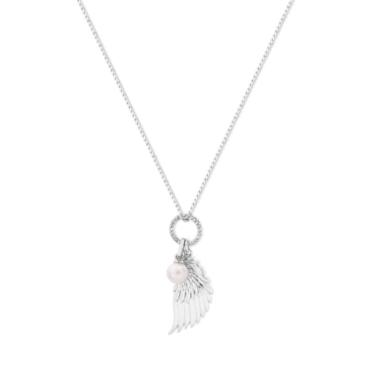 Expertly crafted by Tipperary, the Angel Wing Crystal & Pearl Silver Pendant exudes elegance and grace. Made with delicate angel wings, sparkling crystals, and lustrous pearls, this pendant is a stunning addition to any outfit. Perfect for special occasions or everyday wear, it's a timeless piece that will elevate any look.