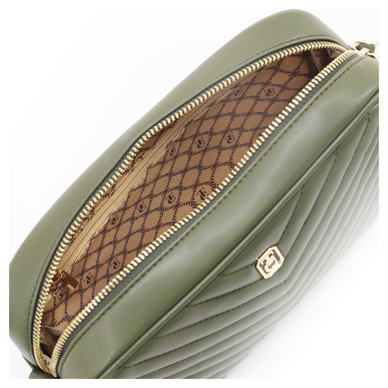The Avignon Camera Bag is made from Vegan Friendly PU leather and has a quilted Chevron design in Olive Green.