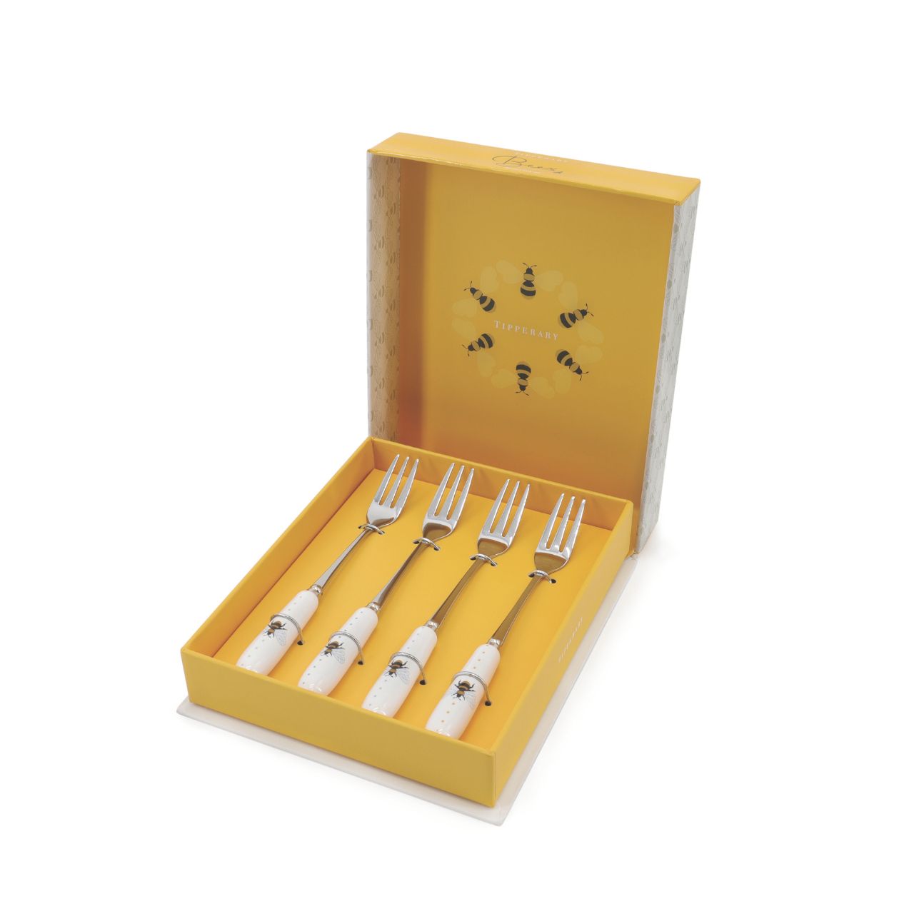 Set Of 4 Bee Dessert Forks finished with a beautiful subtle design on the handles, presented in a compact storage box.