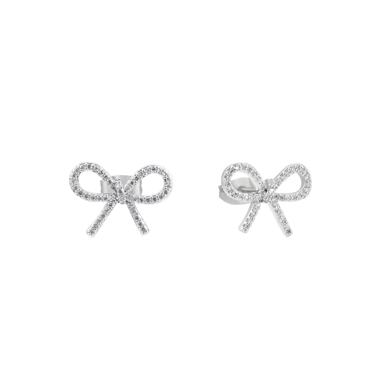 The Tipperary Bow CZ Bow Earrings in Silver feature expert craftsmanship with sparkling cubic zirconia set in a delicate bow design.