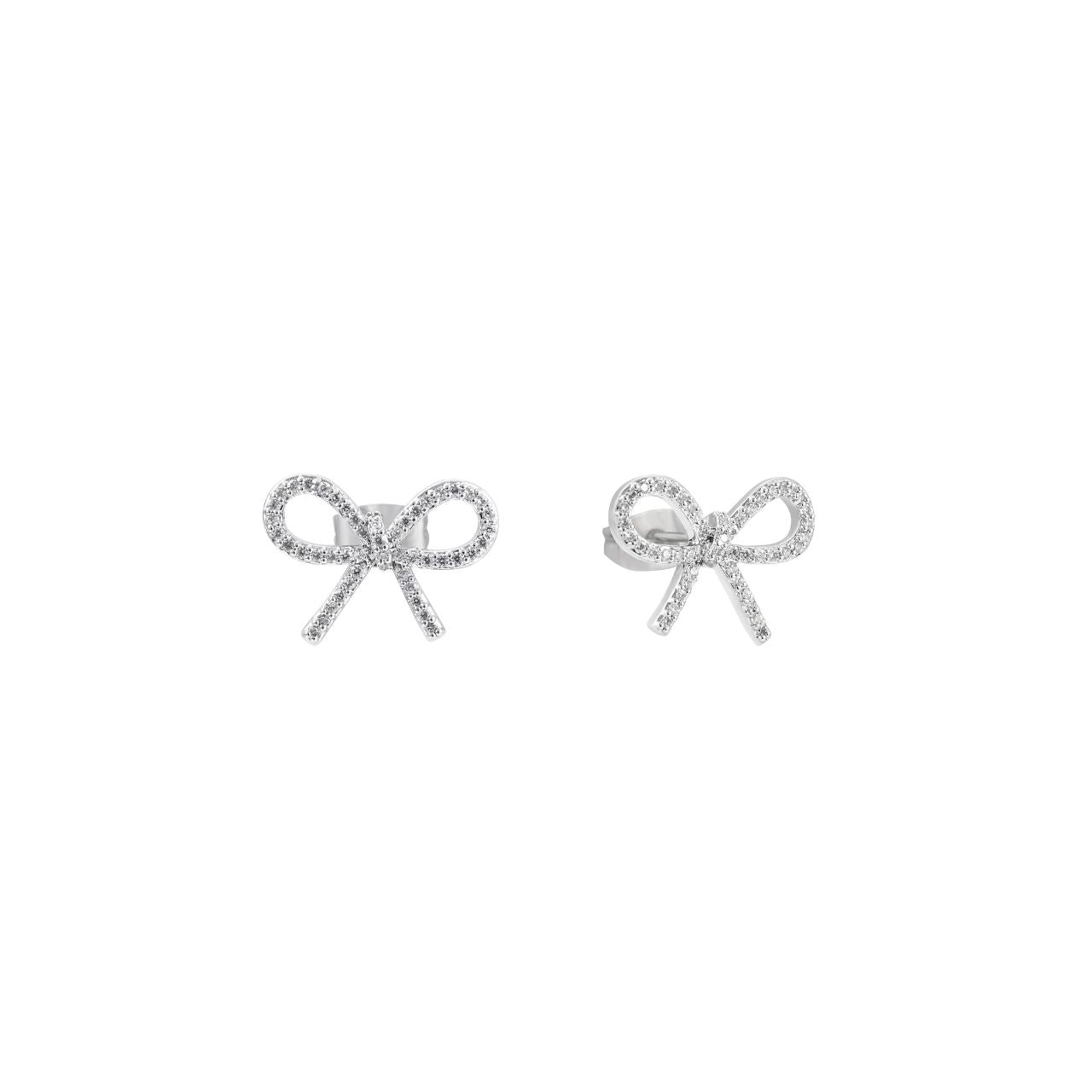 The Tipperary Bow CZ Bow Earrings in Silver feature expert craftsmanship with sparkling cubic zirconia set in a delicate bow design.