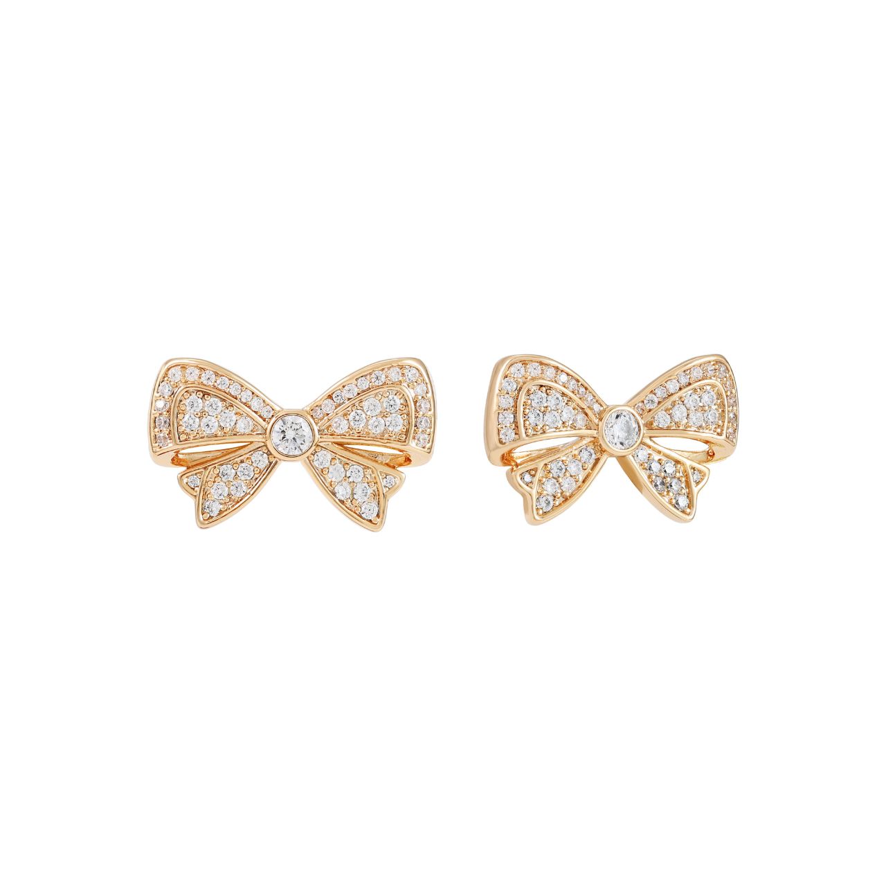 Elegant double bow earrings crafted in gold plated with sparkling cubic zirconia insets. These charming studs combine classic design with contemporary sparkle, perfect for adding a touch of sophistication to any occasion.