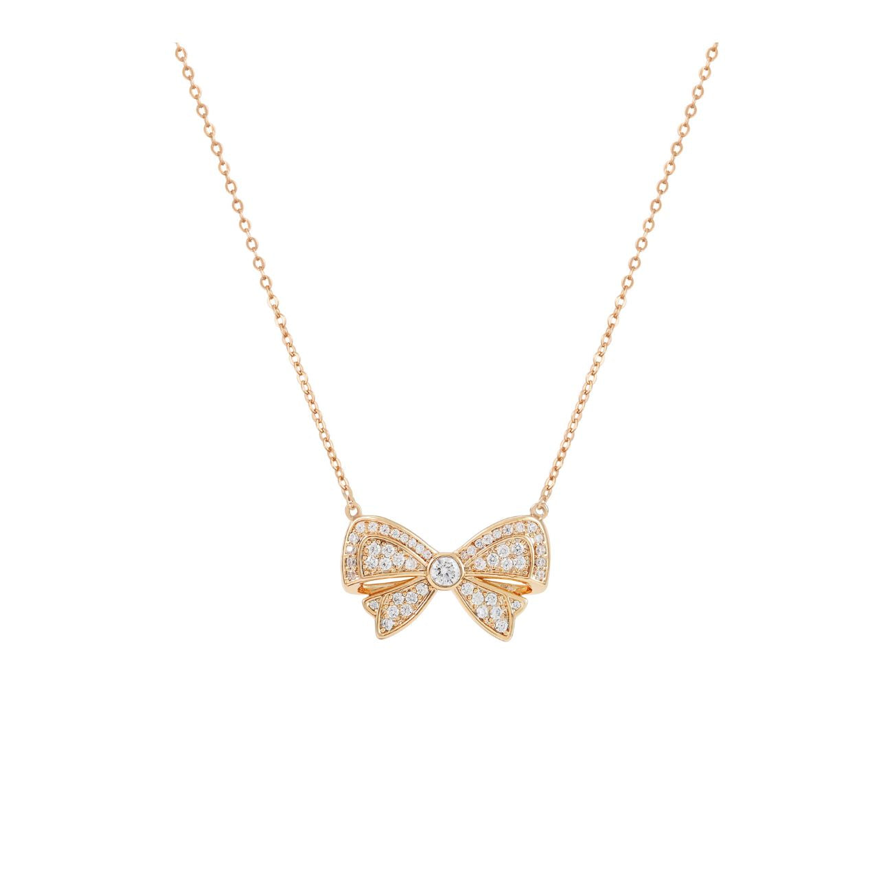 Elegant double bow pendant crafted in gold plated with sparkling cubic zirconia insets. This timeless design combines classic sophistication with contemporary flair, perfect for everyday wear or special occasions.