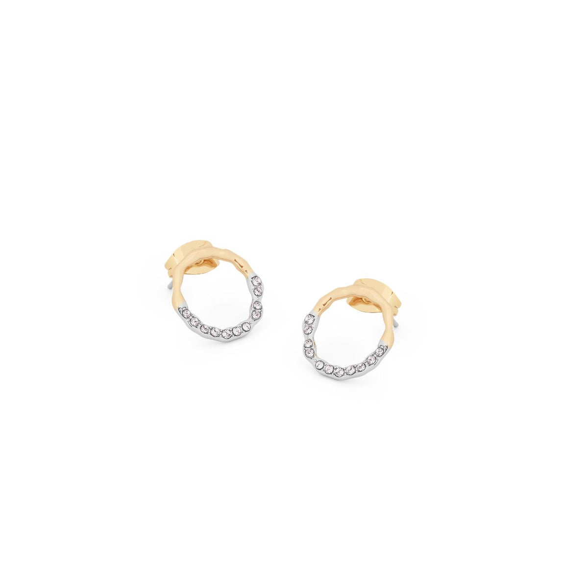 Elegant circle pave earrings featuring sparkling crystal detail with gold-tone accents. These timeless studs combine sophisticated design with everyday wearability, making them a versatile addition to any jewelry collection. Perfect for gifting or personal wear.
