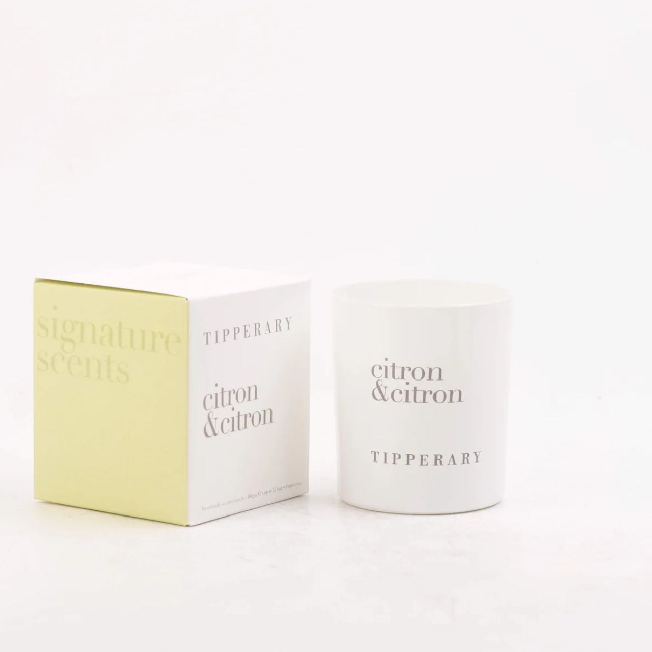 Tipperary's Signature Scented Candle - Citron & Citron is expertly crafted using a blend of natural wax and a braided cotton wick. Each candle is carefully hand-poured and hand-finished, resulting in a clean and toxin-free burn that makes it an ideal choice for your home.