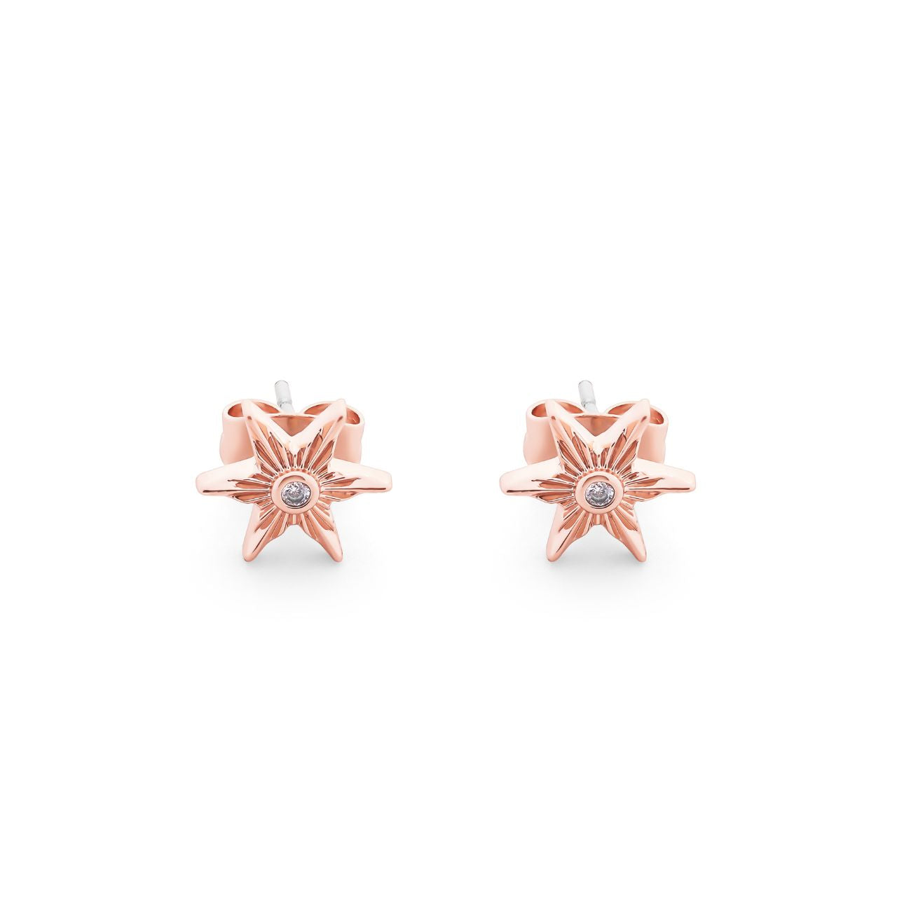 Compass Star Stud Earrings Rose Gold by Tipperary - New 2024 Showcase your sense of style with this beautiful Rose Gold Tipperary Compass Star earrings. Crafted with exquisite attention to detail, this piece of jewellery is a timeless addition to any wardrobe. Both durable and elegant, ensuring it will remain a treasured item for many years to come.