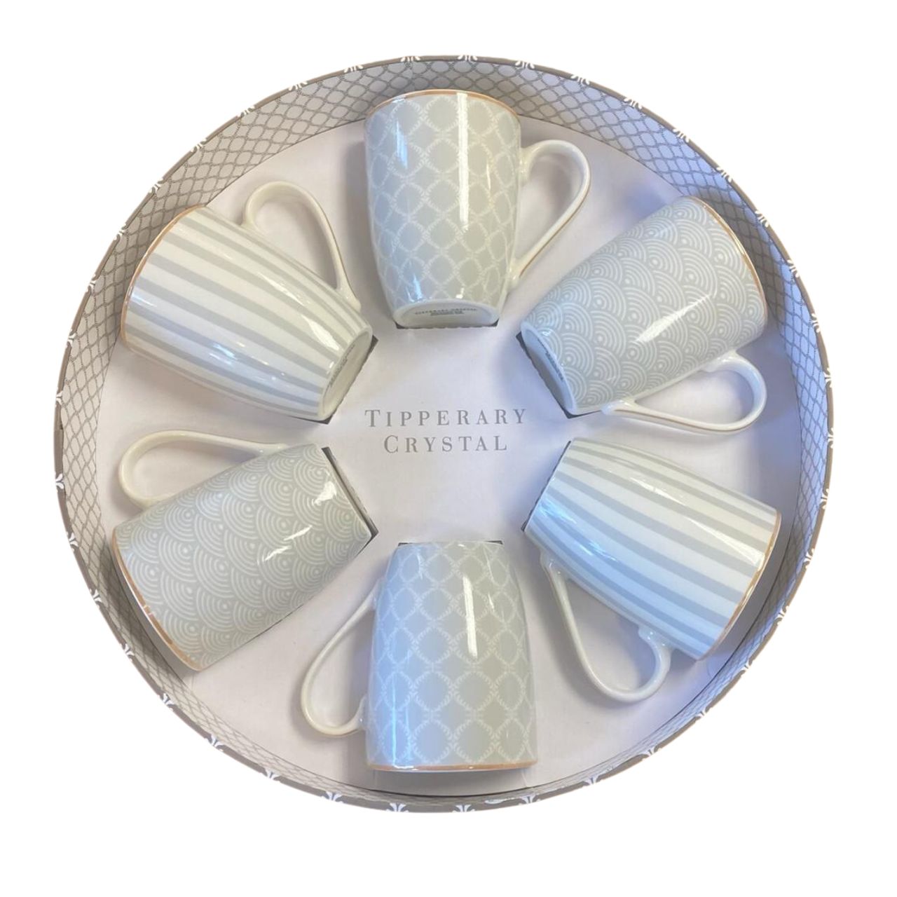 Tipperary Crystal Stripe, Net & Rainbow - Grey Set of 6 Mugs Tipperary Crystal ceramics are made from bone china which gives the ceramic a clean, white finish. Stack crockery separately from other items such as cutlery, saucepans or glass. Over washing will cause the glaze to dull and the design to fade.