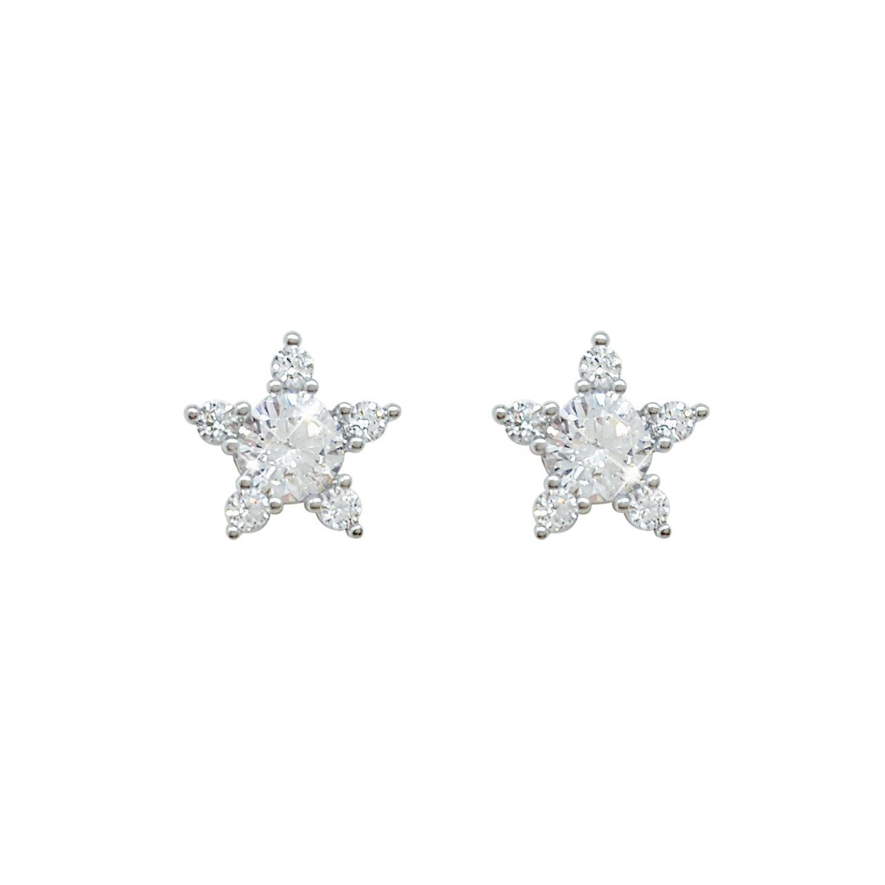 Tipperary Silver Flower Earrings Clear Stone Charming and sweet, these flower inspired earrings add a touch of sparkle to any look. Fashioned in sleek silver, each flower-shaped stud features a shimmering round crystal centre with a starburst of five smaller crystal accents. A whimsical look, these earrings captivate with their gleaming stones and a brightly polished shine. They post secure comfortably with push backs.