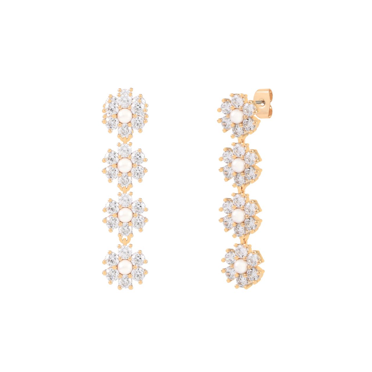 Elevate your elegance with the Tipperary Daisy CZ & Pearl Drop Gold Earrings. Featuring delicate daisy motifs adorned with sparkling cubic zirconia and subtle pearl drops, these earrings offer a refined blend of classic charm and timeless sophistication.