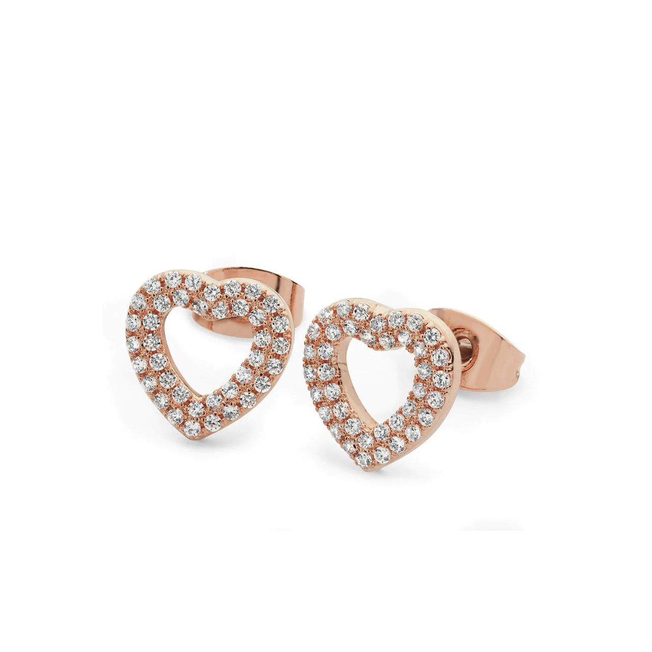 Double Pave Heart Earrings Rose Gold by Tipperary Simple yet elegantly dazzling these clear stone open heart shaped stud earrings are the perfect partner to our double pavé pendant.