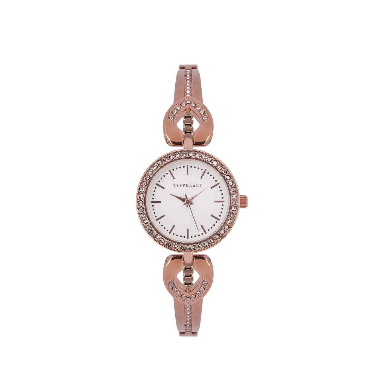 Crafted by the designers at Tipperary, the Everglow Rose Gold Watch is a radiant blend of modern elegance and feminine charm. Its polished rose gold-tone case is encircled by a delicate halo of silver crystals, framing a crisp white dial with refined rose gold detailing and minimalist hour markers.