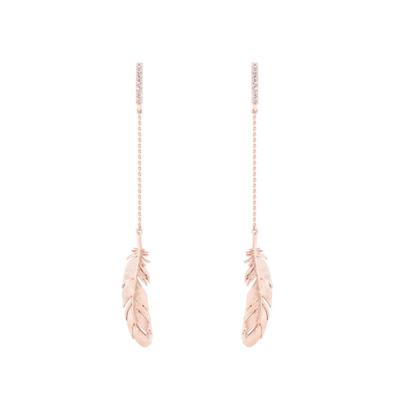 Rose Gold Feather & Chain Long Earrings by Tipperary These Rose Gold Feather & Chain Long Earrings by Tipperary will instantly upgrade your look. Crafted with rose gold plated brass, this timeless jewellery piece is lightweight and durable. Enjoy the beauty of a classic design that will last for many years to come.