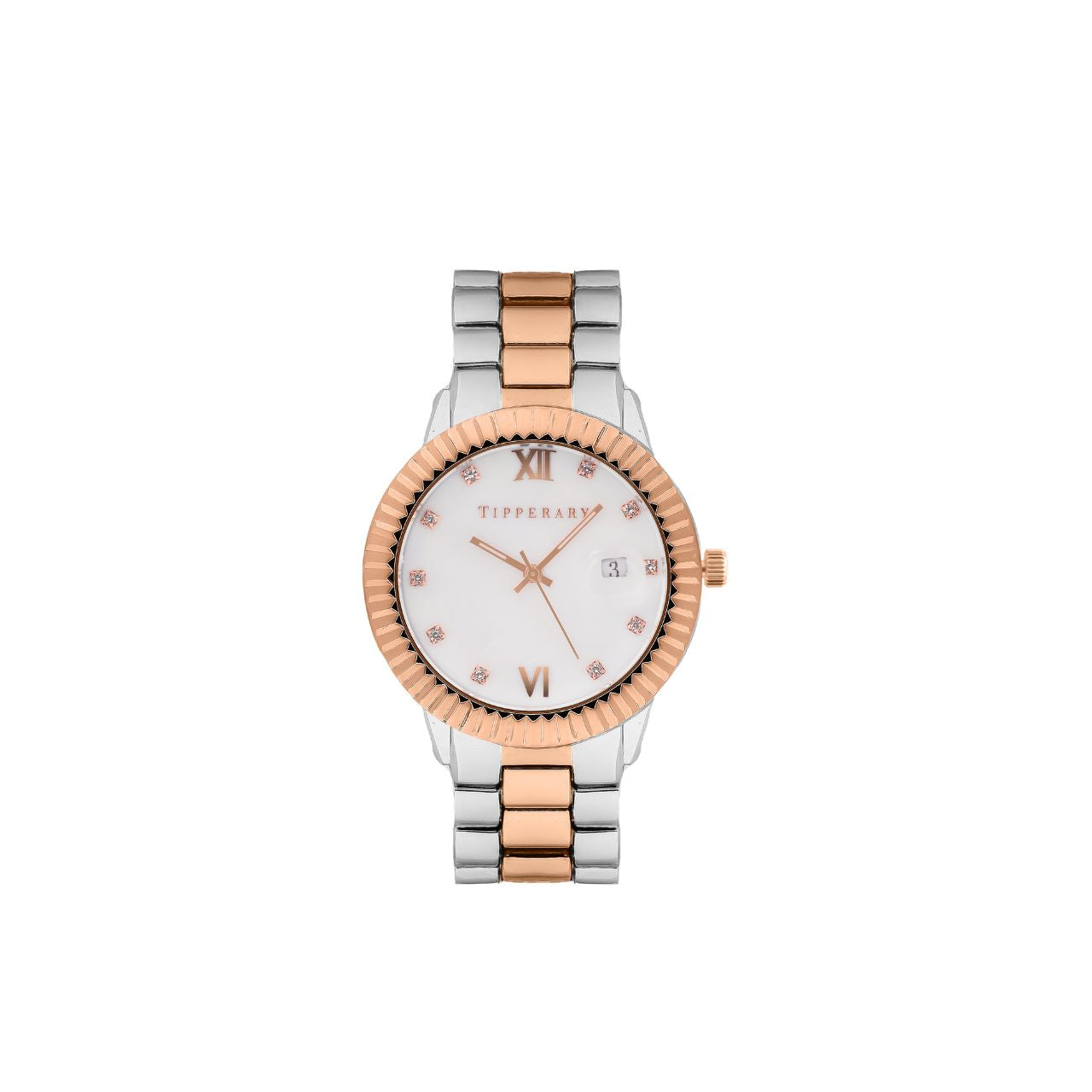 Crafted by the designers at Tipperary, A harmonious blend of classic and contemporary style, the Grenadier Ladies Watch is a true standout. Featuring a polished silver-tone case with a refined rose gold bezel, it’s paired with a matching two-tone band - silver with a striking rose gold centre link.